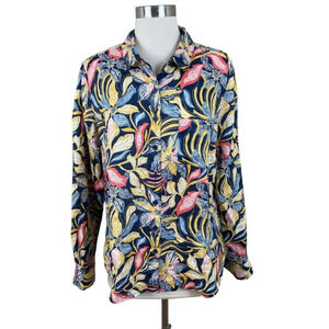 Garnet Hill Easy Linen Button Down Shirt in Indigo Bali Floral Size 8 Coastal